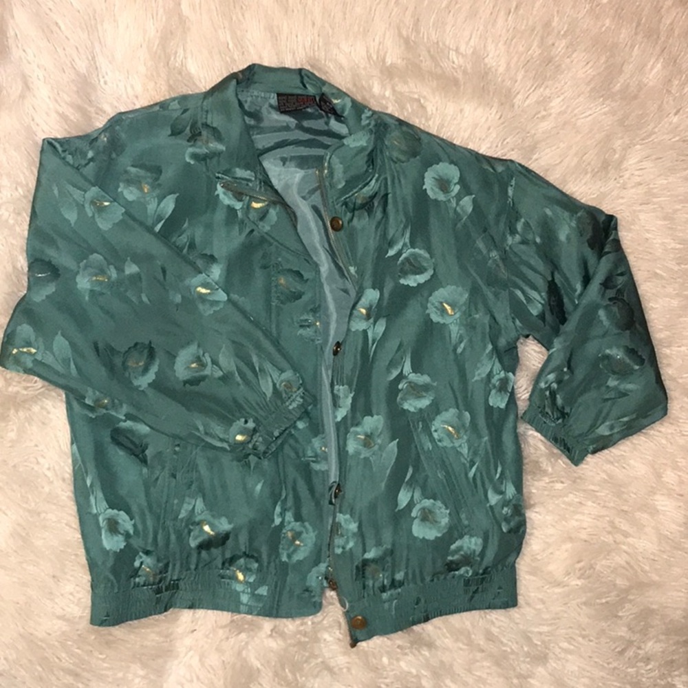 Teal and floral 100% silk bomber jacket